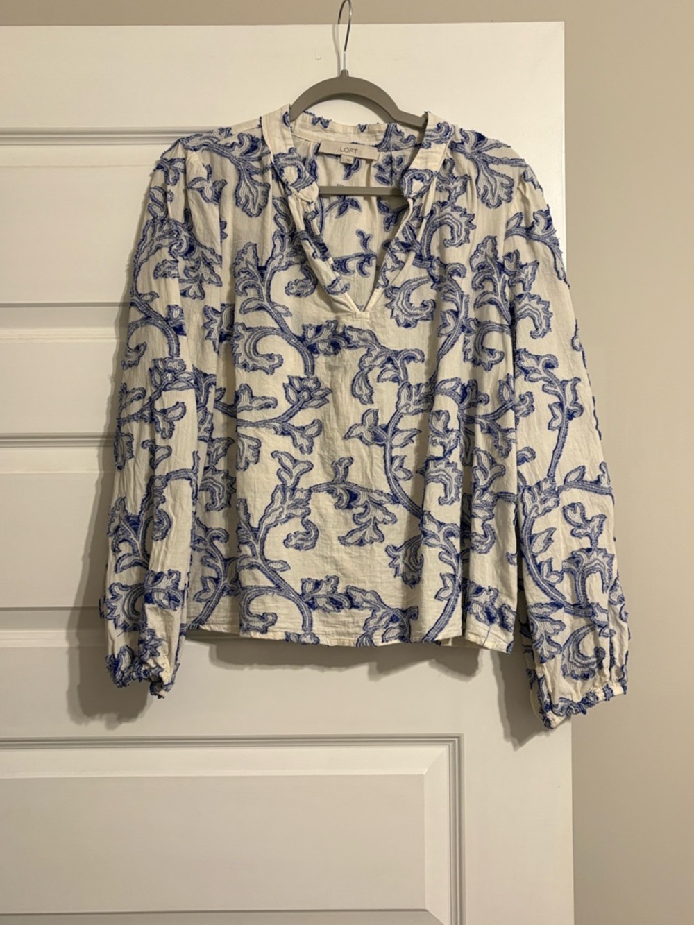 LOFT White Blouse with Blue Floral Scroll Embroidery